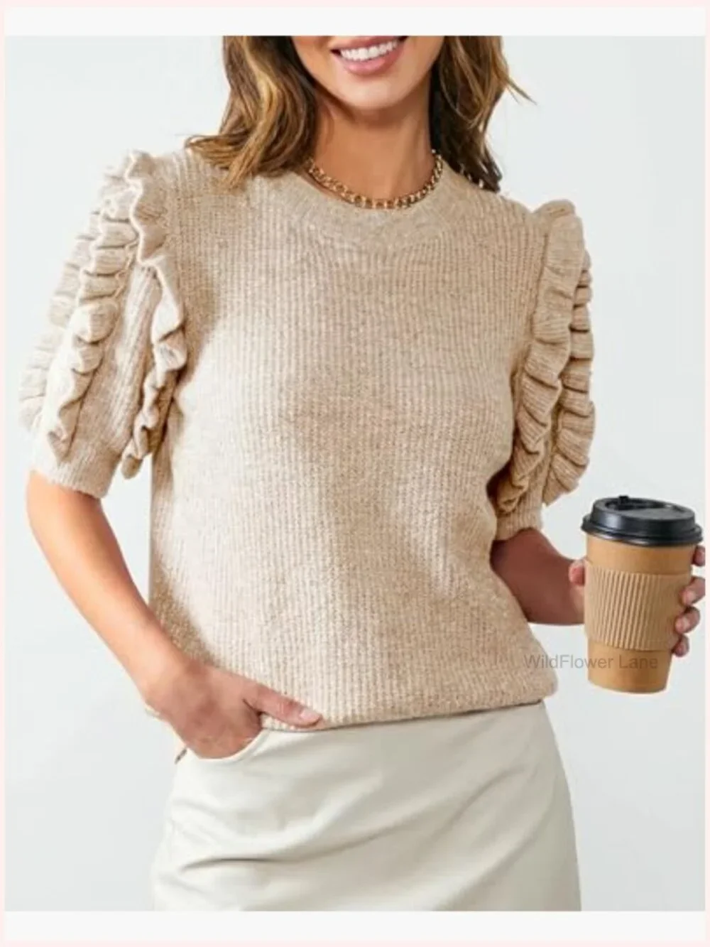 Ruffle Sleeve Sweater Crew Neck Ribbed Knit Pullover Trendy Blouse